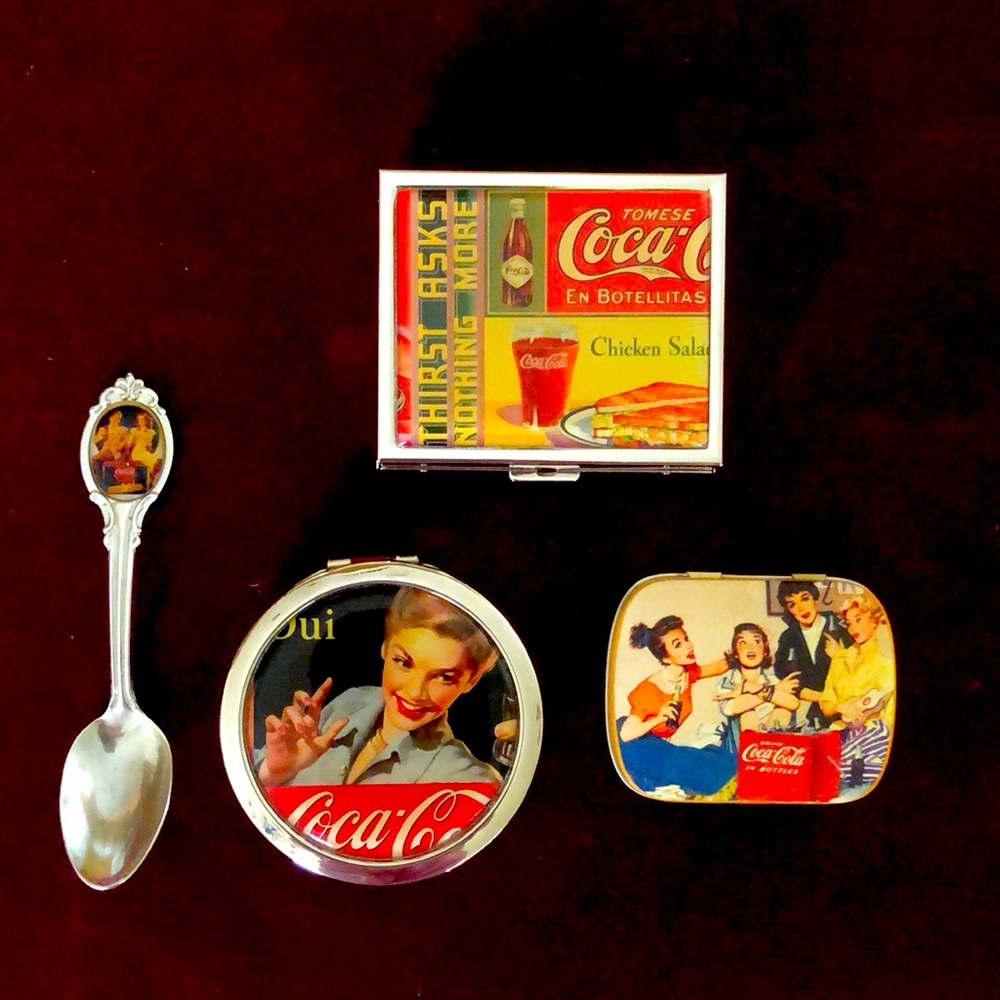 Vintage Coco Cola Pocket Hand Mirrors, Tea spoon & Tiny Tin